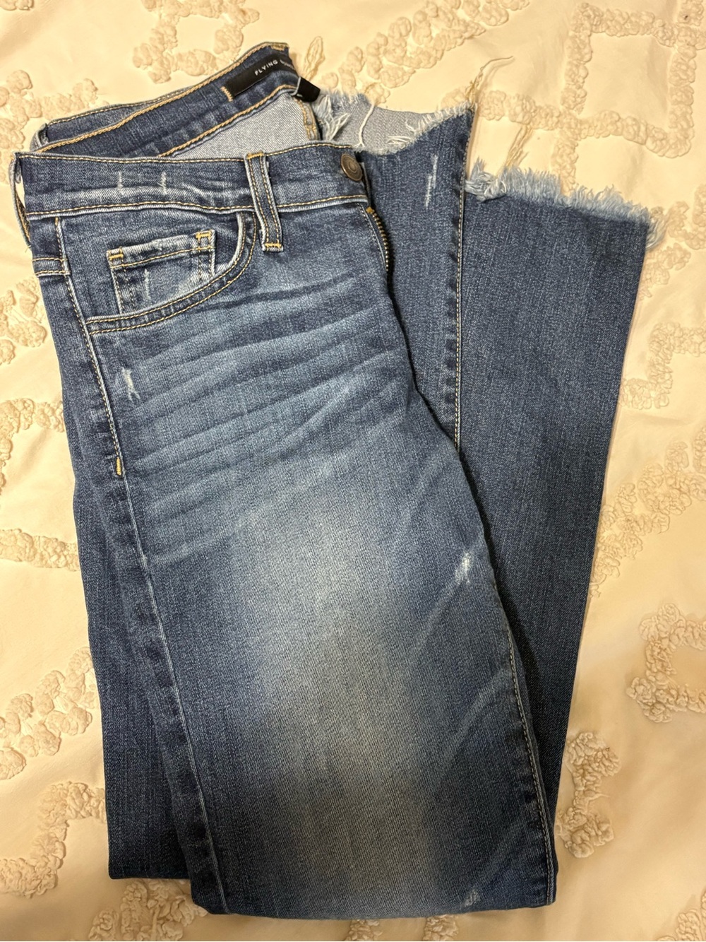 Flying Monkey Denim Ankle Jeans in Medium Blue with Frayed Hem